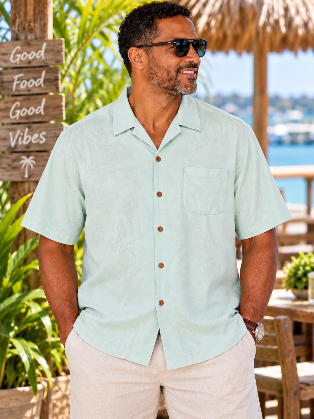 Tommy Bahama XL 100% Silk Mint Green Jacquard Hawaiian Camp Shirt
